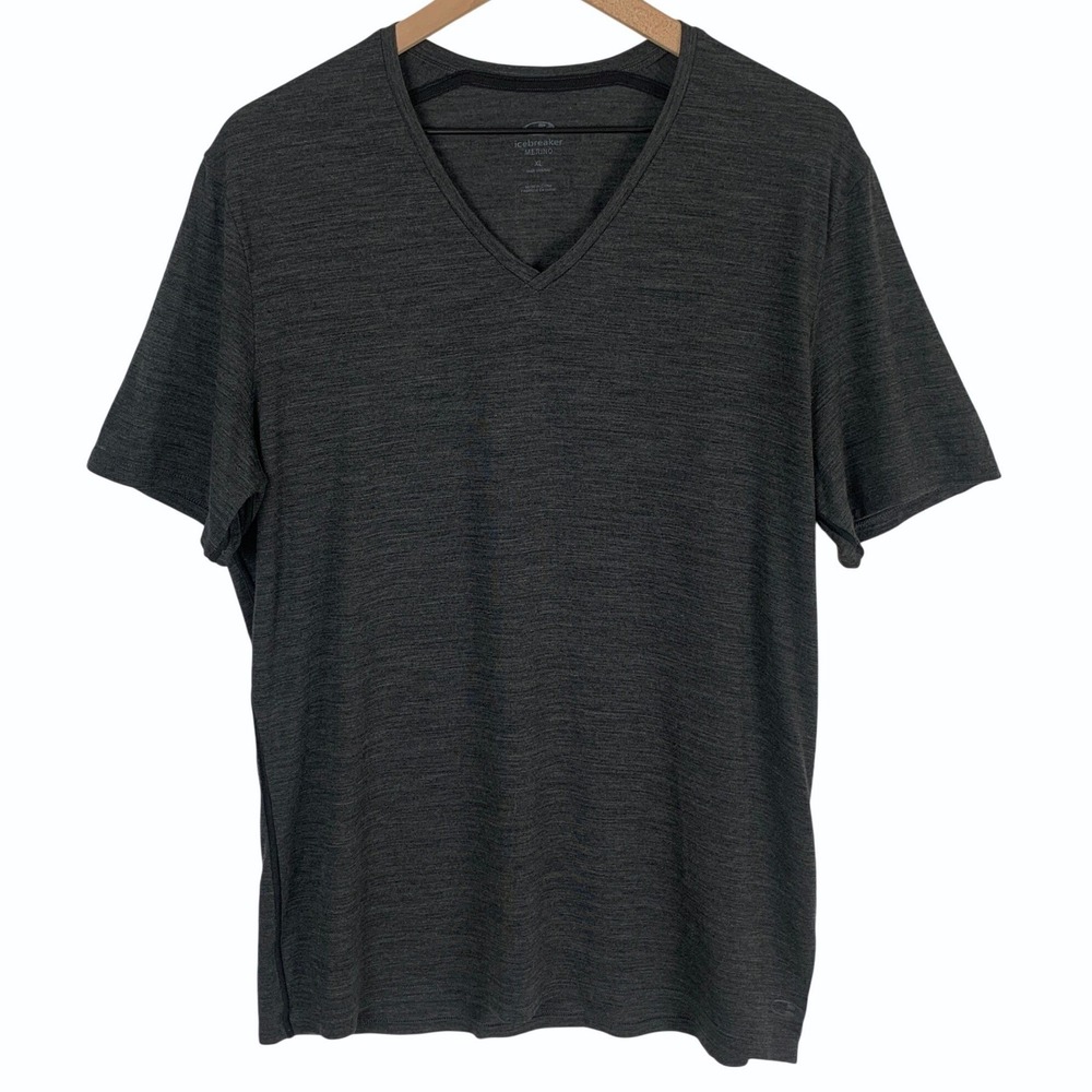 ICEBREAKER Merino Wool V-Neck T-Shirt Mens XL Charcoal Heather Grey Short Sleeve